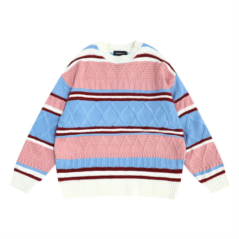 Men Sweater Striped Long-Sleeved Sweater Mink Stitching
