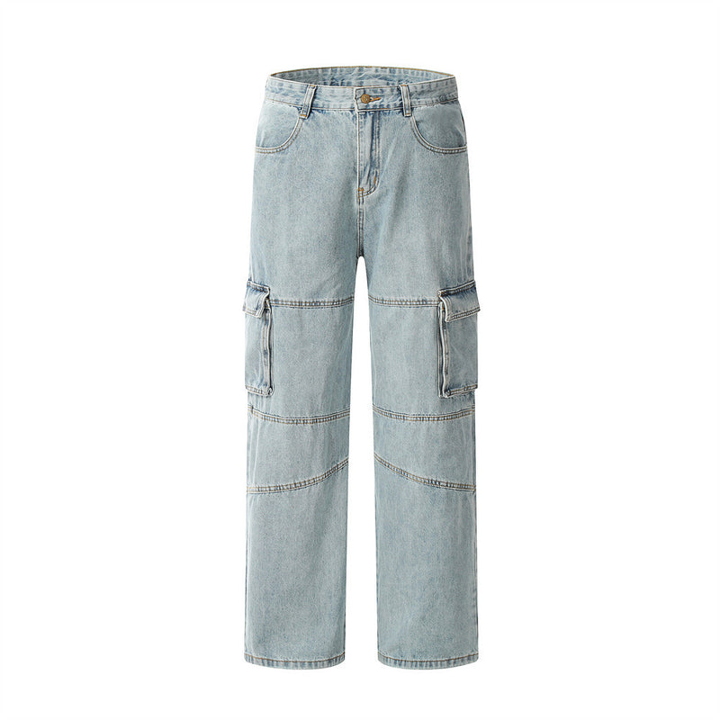 Men Jeans Multi-Pocket Stitching Loose Casual