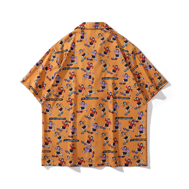 Short Sleeve Shirt Retro Cartoon Full Printed Loose Shirt