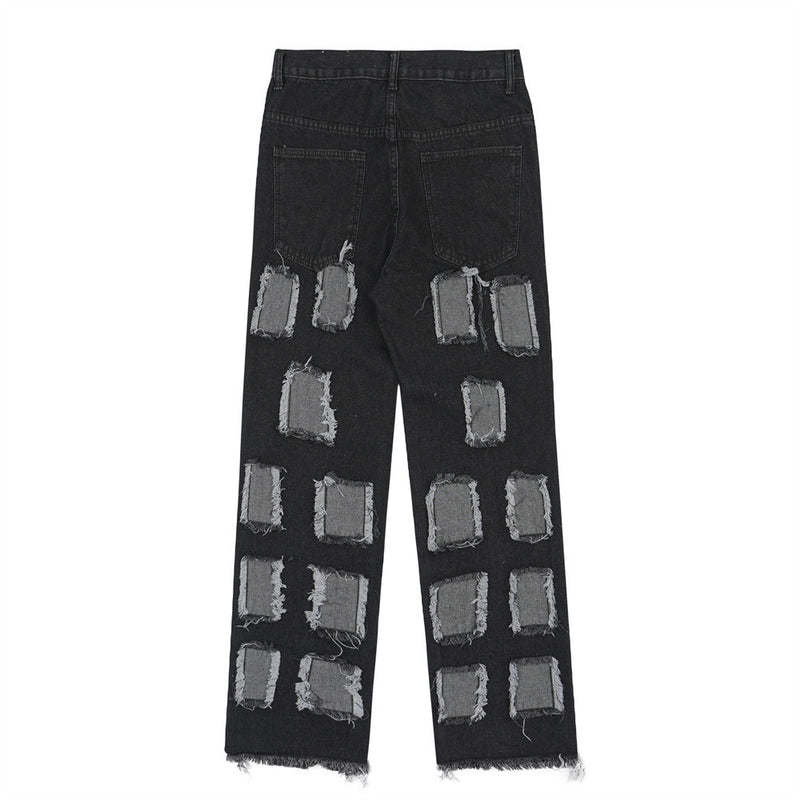 Men Jeans Punk Hole & Patch Raw Edges