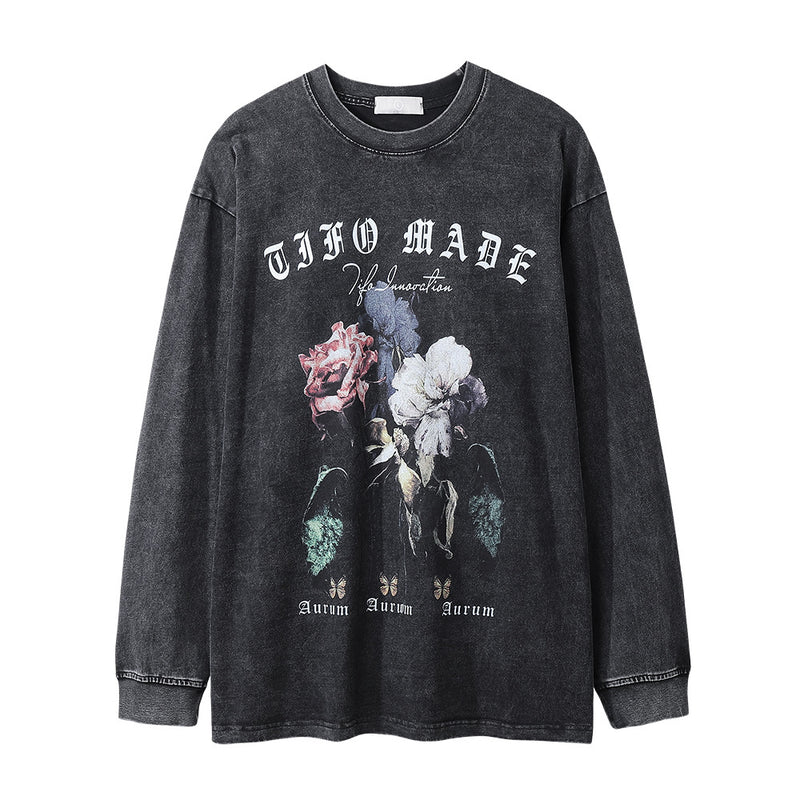 Men Long Sleeve T-Shirt Rose Flower Print Distressed Loose