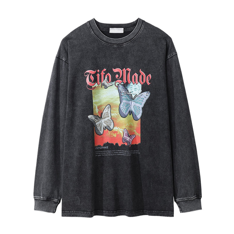 Men Long Sleeve T-Shirt Sunset Butterfly Landscape Pattern Distressed