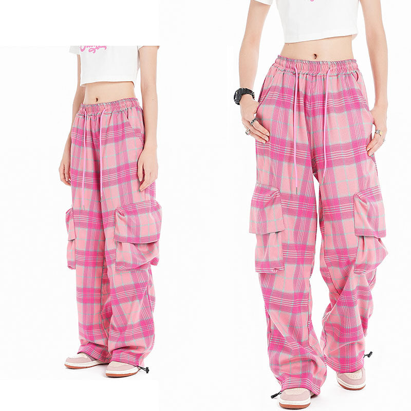 Cargo Pants Pink Plaid Drawstring