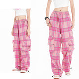 Cargo Pants Pink Plaid Drawstring