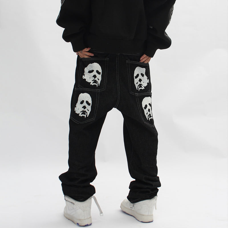 Men Jeans Face Printing Casual Straight Pants Trend