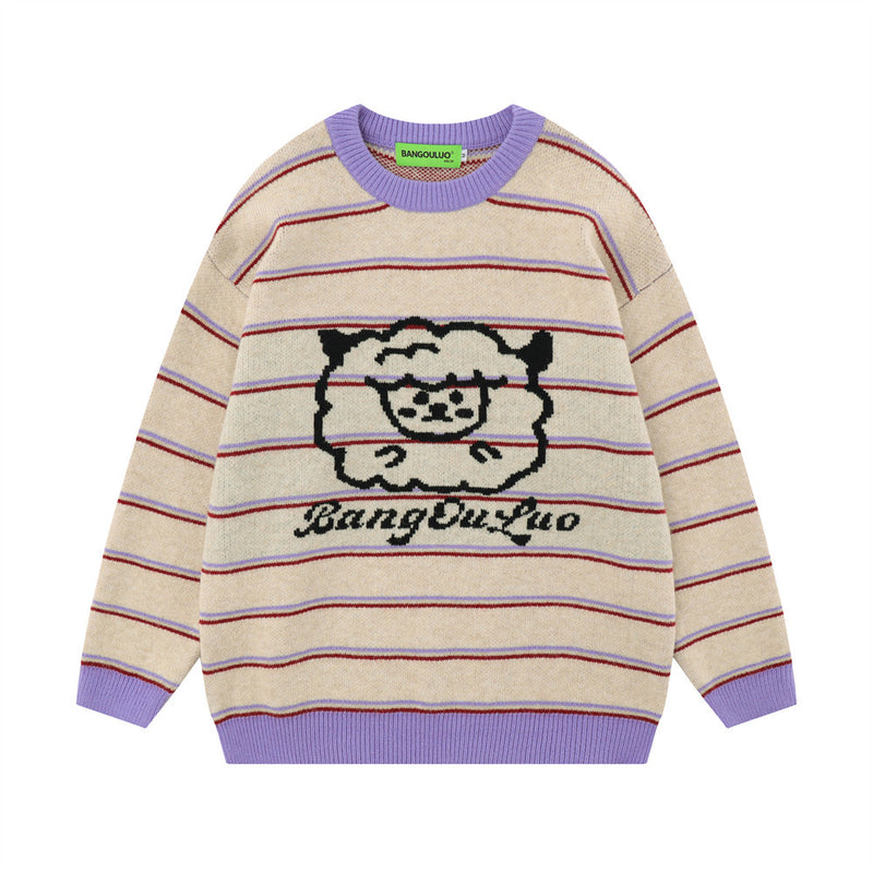 Men Sweater Mixed Color Stripe Knitted Sweater Loose