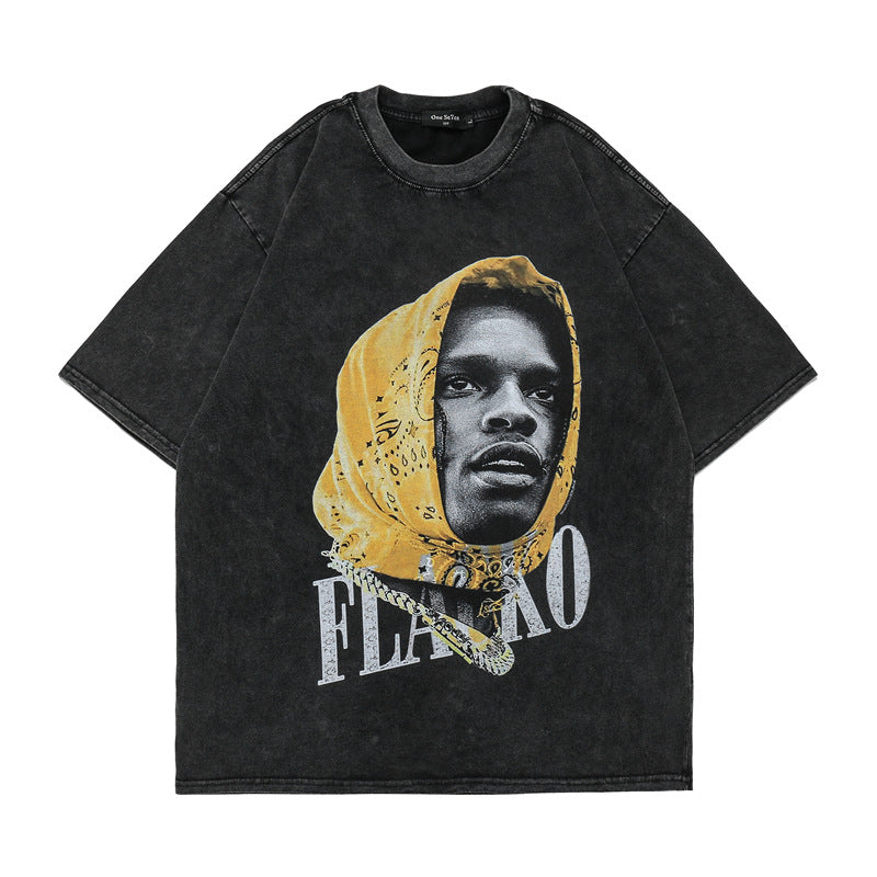 Men T-Shirt Portrait Distressed Loose Casual