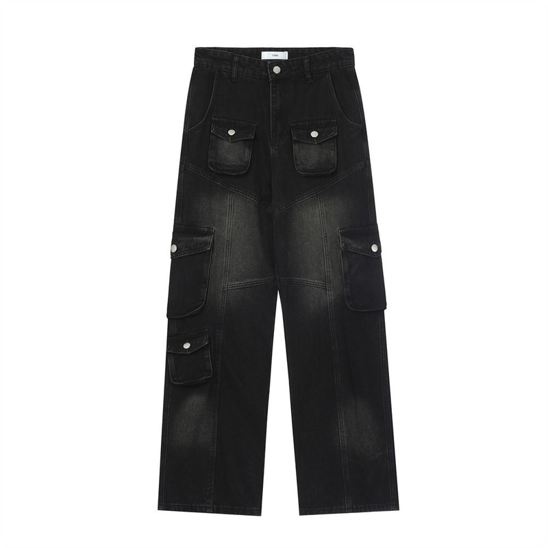 Men Jeans Multi-Pocket Workwear Stitching Loose