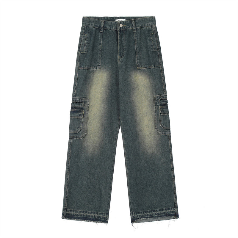 Men Jeans Retro Overalls Multi-Pocket Loose Raw Hem