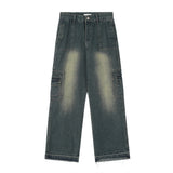 Men Jeans Retro Overalls Multi-Pocket Loose Raw Hem