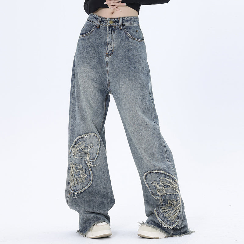 Men Jeans Butterfly Patch Decoration Jeans Raw Edge