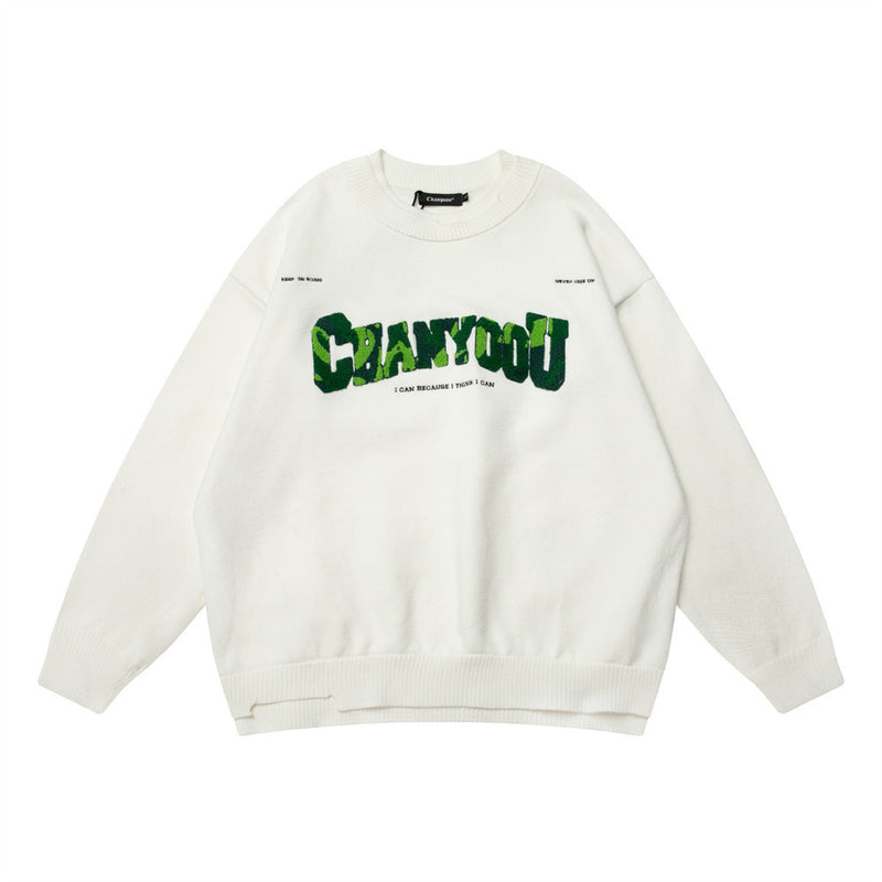 Men Sweater Flocking Embroidered Crew Neck Knitwear