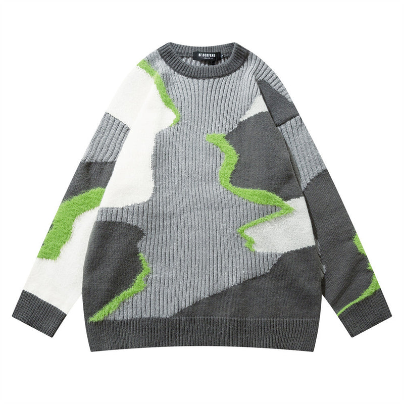 Men Sweater Irregular Patchwork round Neck Knitwear