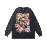 Mens Vintage Long Sleeve Shirt Printed Washed Long Sleeve T-Shirt