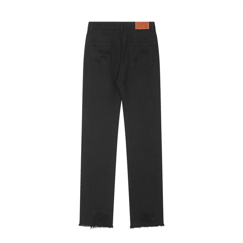 Men Jeans Hole Loose Burrs Worn Pure Color All-Matching