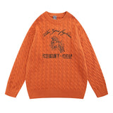 Women Sweater Retro Crew Neck Knitted Sweater Embroidery College Style