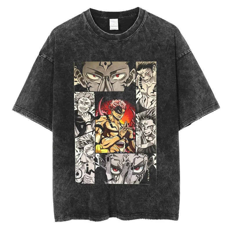 Japanese Anime Print T-shirt Men Oversized Vintage Washed Black