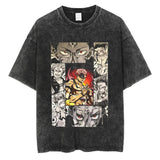 Japanese Anime Print T-shirt Men Oversized Vintage Washed Black