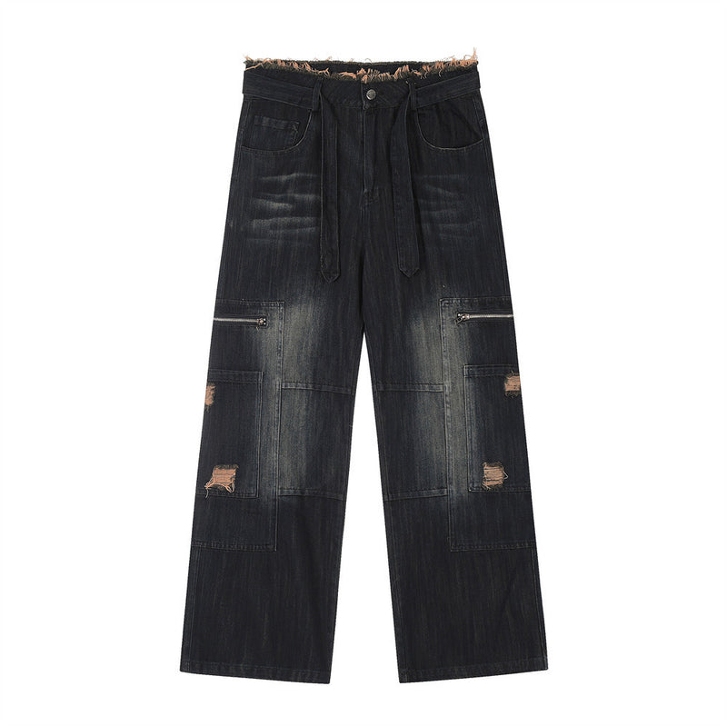Men Jeans Ripped Stitching Workwear Loose