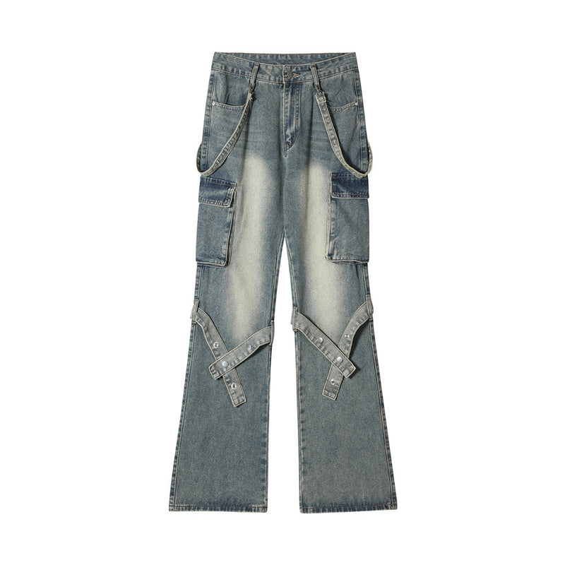 Men Jeans Punk Bandage Button Pocket Overalls