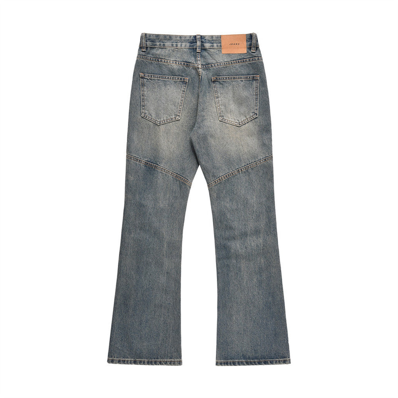 Men Jeans Bell-Bottom Pants Punk Pleated Stitching Distressed