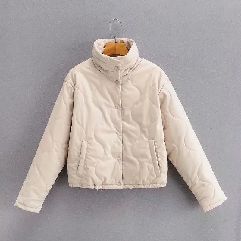 Women Cotton Coat Stand Collar PU Leather Cotton Jacket