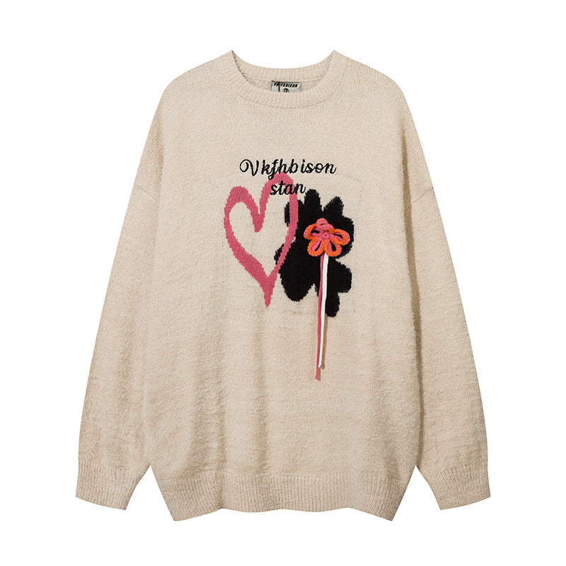 Men Sweater Love Pattern Jacquard Embroidery Velvet Sweater