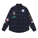 Men's Long Sleeve T Shirt Plaid Shirt Men's Embroidered Letter Long Sleeve Lapel Loose Shirt