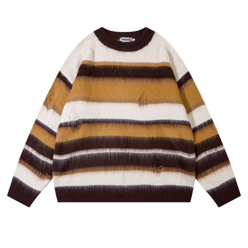 Men Sweater Striped Sweater Ripped Long Sleeves Loose