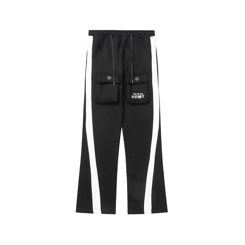 Cargo Pants Color Block Large Pocket Fleece Cotton Pants