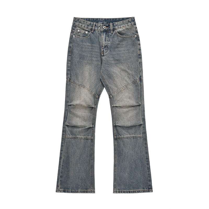 Men Jeans Bell-Bottom Pants Punk Pleated Stitching Distressed