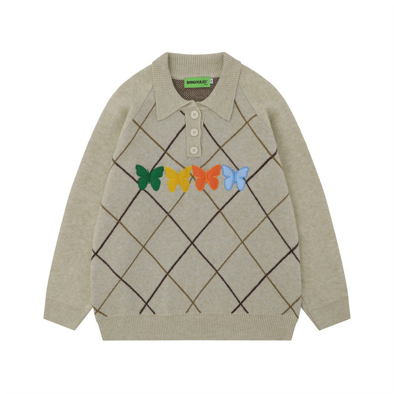 Men Sweater Diamond Plaid Butterfly Embroidered Lapel Sweater