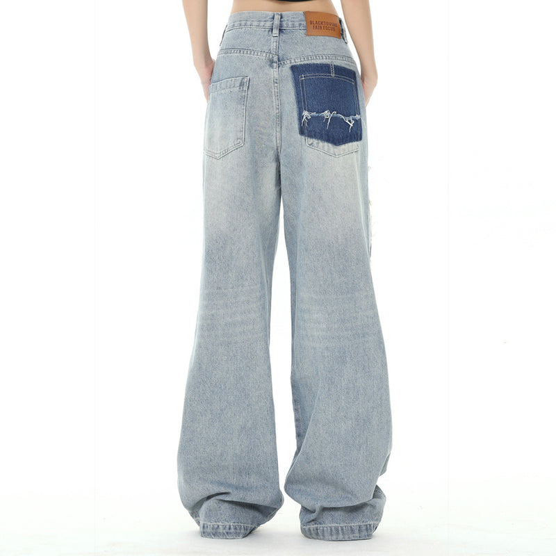 Men Jeans Patch Ripped Versatile Loose