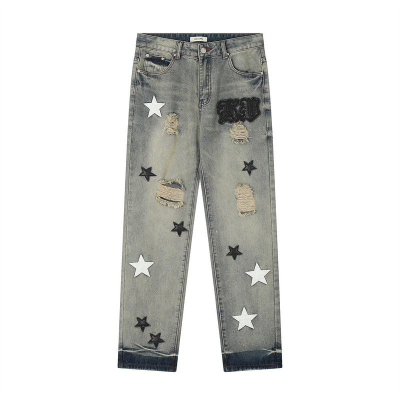 Men Jeans Five-Pointed Star Embroidery Punk Hole