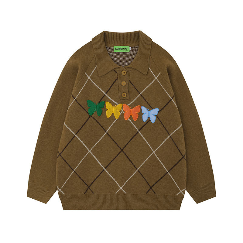 Women Sweater Butterfly Embroidered Polo Lapel Knitted Sweater