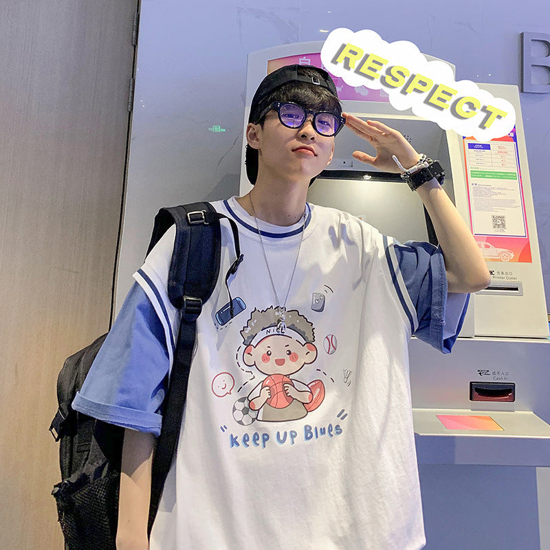 Men T Shirt Summer Fake Two-Piece Loose Crew Neck Casual