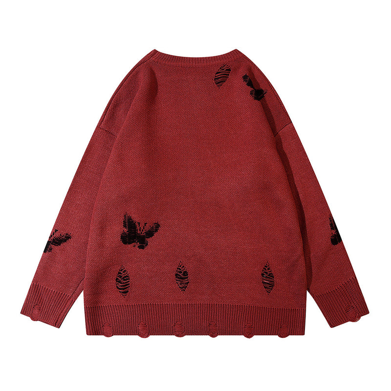 Men Sweater Jacquard Butterfly Sweater Crocheted Ripped