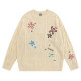 Women Sweater Retro Crew Neck Knitted Sweater Embroidery College Style