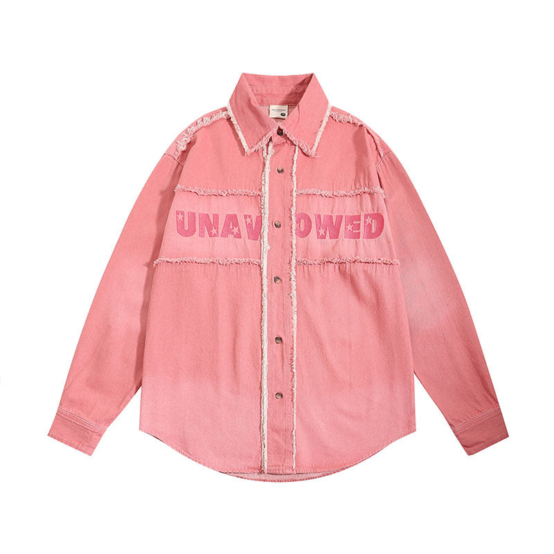 Long Sleeved Shirt Retro College Style Denim Lining Distressed