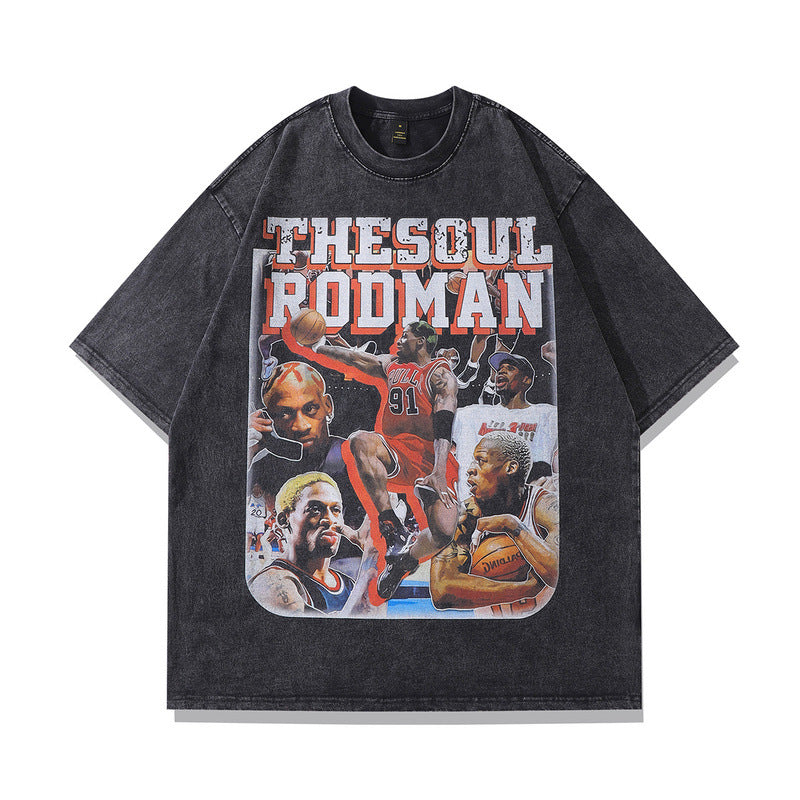 Men T-shirt Portrait Printing Loose Distressed