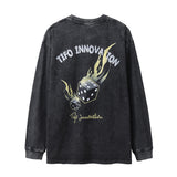 Men Long Sleeve T-Shirt Dice Flame Printing Loose Distressed