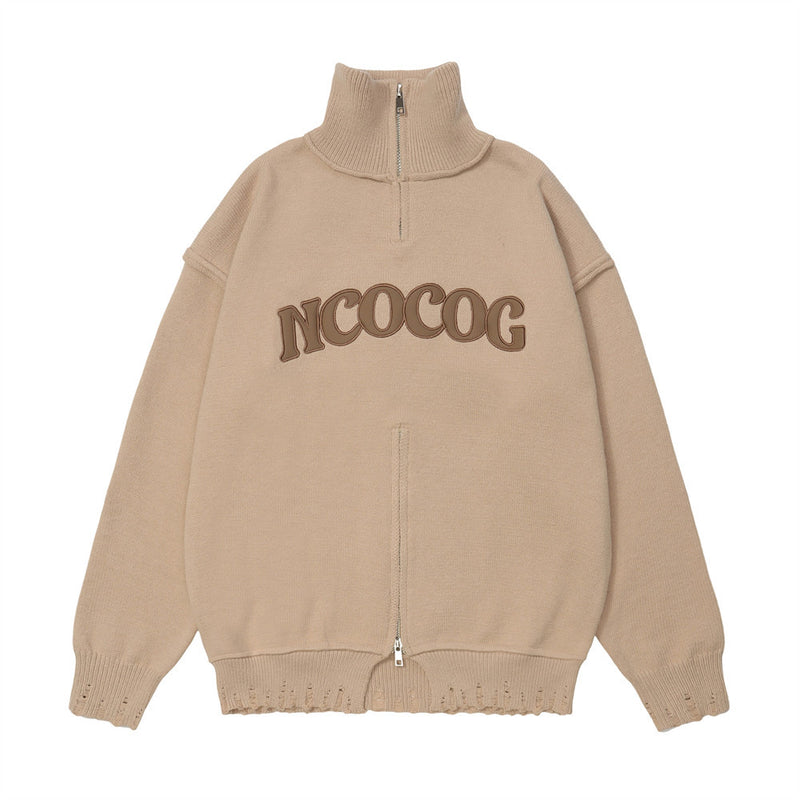Men Sweater Half Zip Turtleneck Sweater Loose Paste Cloth Embroidery