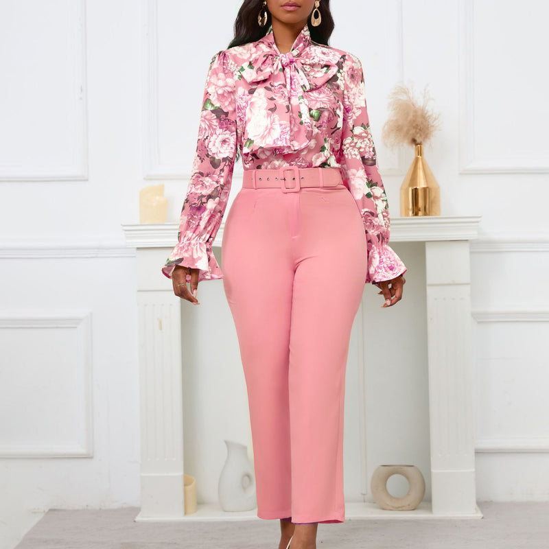 Women Jumpsuit Fashion Printed Lace up Long Sleeve Top