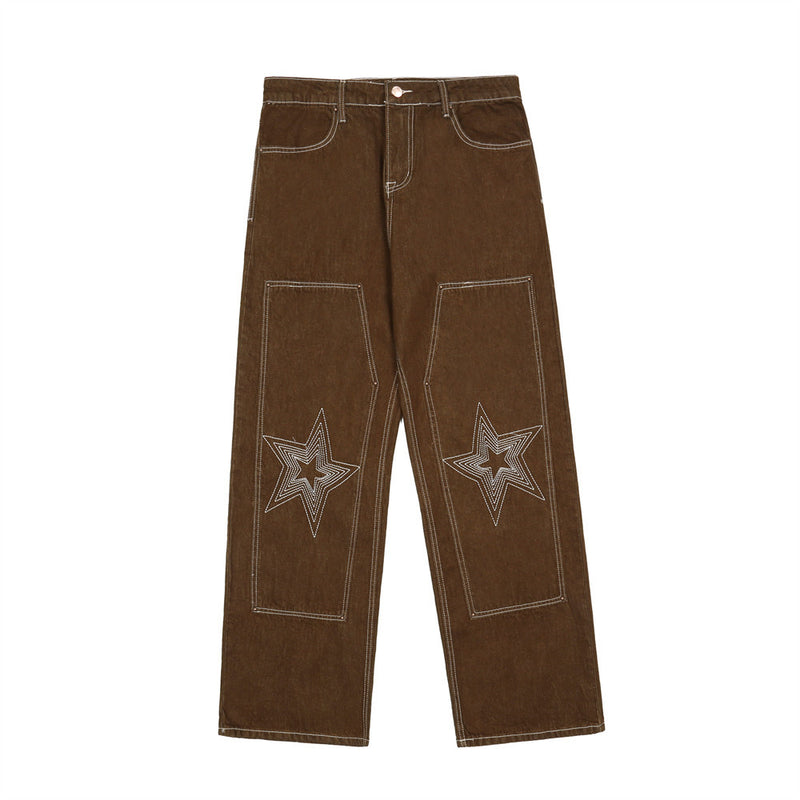 Men Jeans Five-Pointed Star Embroidery Retro Casual