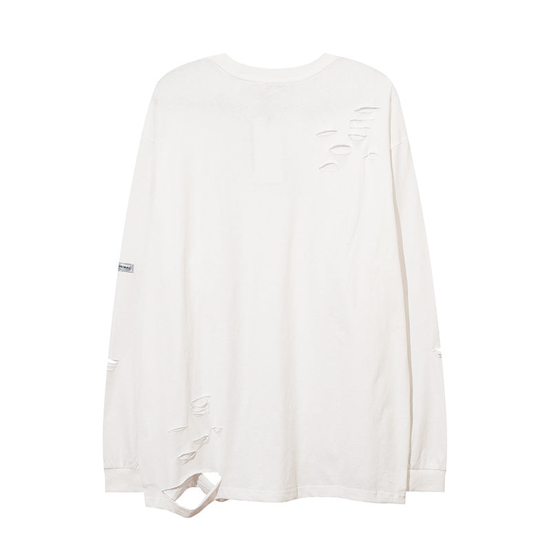 Men Long Sleeve T-Shirt Hole Cut Broken Necklace Solid Color