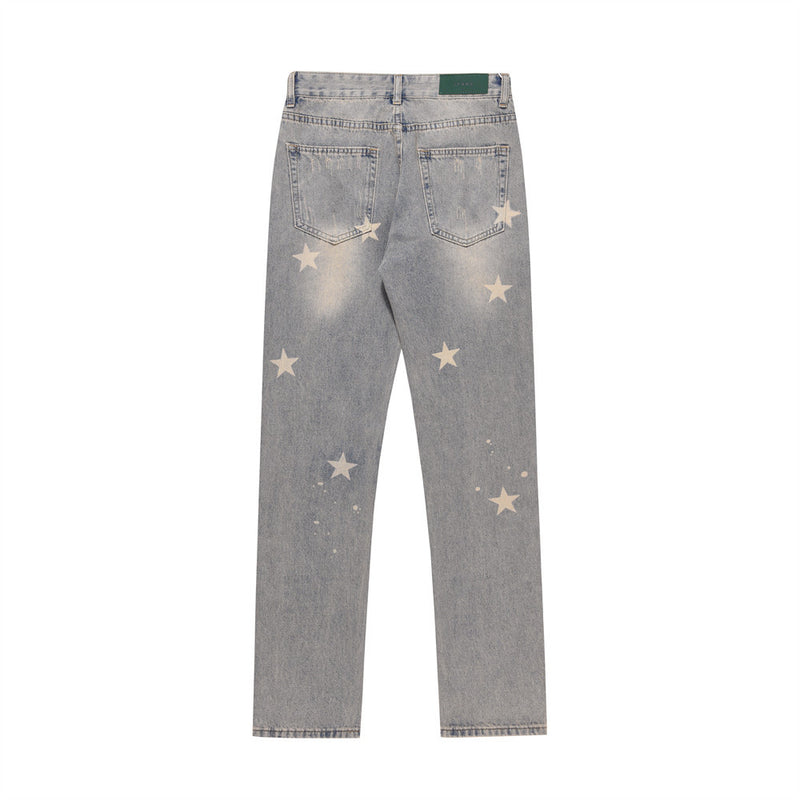 Men Jeans Trendy Five-Pointed Star Printing Distressed Loose Casual