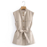 Women Vest Stand Collar Single-Breasted Lace up Vest