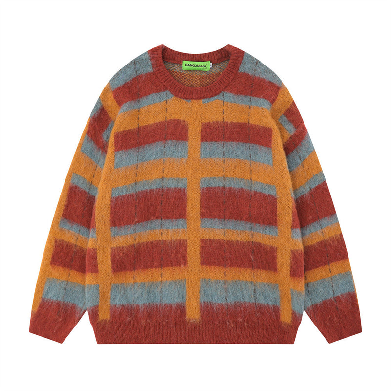 Men Sweater Contrast Color Striped Plaid Knitted Sweater