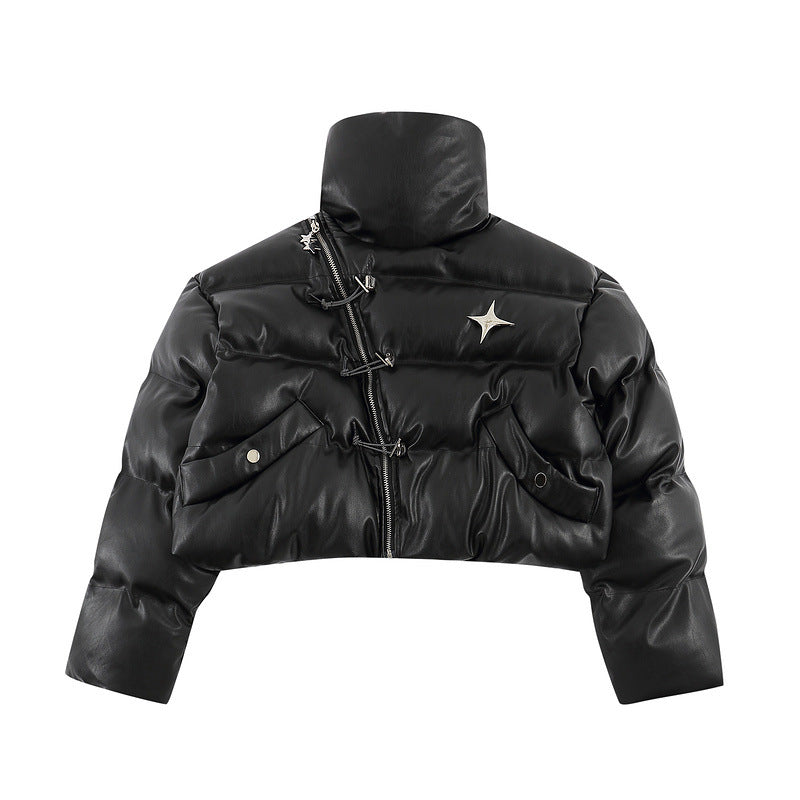 Men Coat Stand Collar PU Leather Thicken Cotton Coat for Women