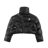 Men Coat Stand Collar PU Leather Thicken Cotton Coat for Women